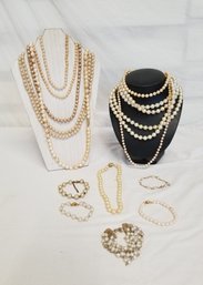 Vintage Mixed Lot Of 15 Various Size Faux Pearl Necklaces And Bracelets