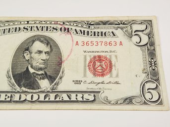 1963 Red Seal $5 Dollar Bill (70 Years Old) U S Bank Note