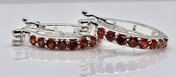 Faux Garnet Diamond Hoop Earrings In Sterling