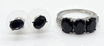 Blue Sapphire Ring And Stud Earrings In Stainless Steel