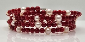 Coral And White Cultured Pearl Handmade Wrap Bracelet