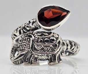 Bali, Red Garnet Elephant Bypass Ring In Sterling