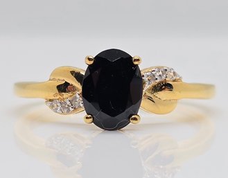 Black Spinel, White Zircon Ring In Yellow Gold Over Sterling