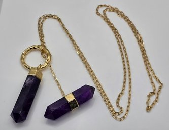 Amethyst Pencil Shaped Pendant Necklace In Gold Tone