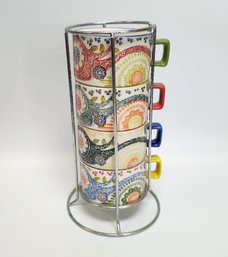 Pier 1 Imports Stackable Paisley Colorful Mugs W/stand