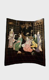 Japanese Black Lacquer 3 Panel Hand-painted Screen