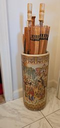 Japanese Umbrella Stand With Vintage Hand Painted Bamboo Parasol Collection