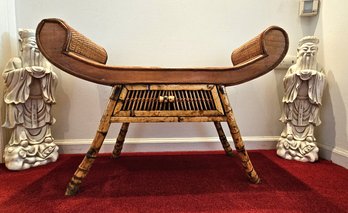 Burnt Bamboo And Woven Rattan Bench