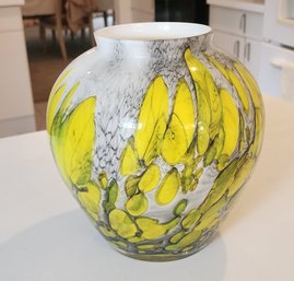 Large Yellow And Black On White Hand Blown Art Glass Vase ~ Unsigned ~ 9.5H