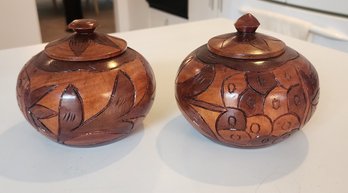 Pair Hand Carved Caribbean Wooden Lidded Table Jar Bowls