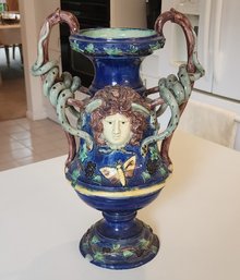 Antique French School Of Paris Majolica Palissy Snake Handled Medusa Vase