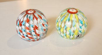 Pair Of Different Colored Italian Murano Glass Fratelli Toso Flat Bottom Paperweights