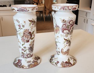 Pair 222 Fifth Gabrielle Cream Paisley Pattern Stoneware Pillar Candle Stands