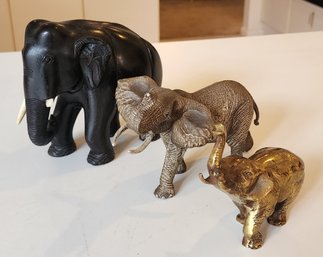 Misc Lot Of 3 Elephants ~ One Wood ~ One Resin ~ One Brass