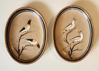 Pair Mexican Terra Cotta Hand Painted Bird Wall Plaques ~ Jimon, C1980s