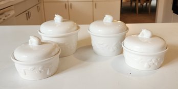 Set Of 4 White Porcelain Made In Taiwan Bandwagon Inch Lidded Bowls, C1990s