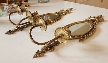 Pair Vintage 1960s Brass & Mirrored Wall Sconces