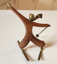 Vintage 1930s Karl Hagenauer Wien ~ Made In Austria Wooden & Brass Skier Figurine ~ 1950s ~ 4.5 X 5 Inches.