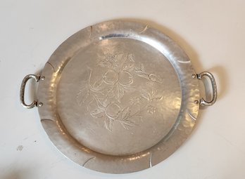 Large Hammered Aluminum Handled Fruit Etched Platter Tray ~ 17.5 Diameter