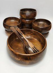 Vintage Acacia Wood Salad Bowls W/utensils