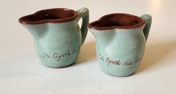 Pair Small Terra Cota Ceramic Hand Painted Pitchers