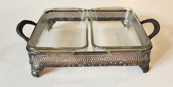 Silver Plate Double Buffet Serving Dish W/ Glass Inserts