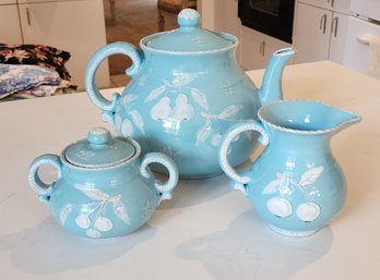 3 Piece Blue Italian Terra Cotta Ceramic Hand Painted Pitcher, Creamer And Sugar