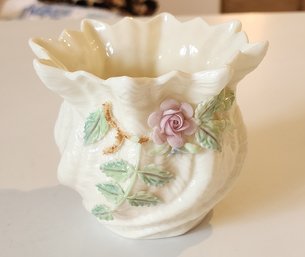 Vintage Irish Porcelain Belleek Crimped Rose Motif Cache Pot