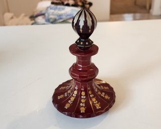 Antique Victorian Era Bohemian Ruby Red Glass With Gold & Silver Decanter Vanity Bottle, C1880s