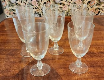 Set 8 Vintage 1960s Star Etched Crystal Glass Stemware Glasses