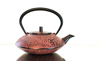 Japanese Cast Iron Bamboo  Winter Blossom Red Tea Kettle With Infuser