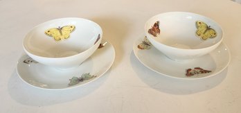 Pair Vintage 1960s Limoges C France Butterfly Pattern Connected Bowl & Saucers