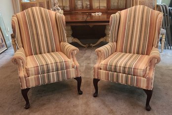 Pair Rowe Furniture Stripe Upholstered Wing Back Living Room Chairs, 1990s