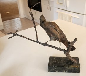 Nice Art-Deco Brass W/ Bronze Patina Bird On A Branch Sculpture On Marble Base