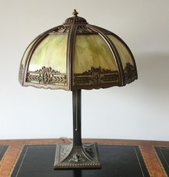 Antique Arts & Crafts Slag Glass Paneled Table Lamp C1900