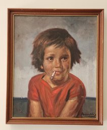 Original Framed And Signed Oil On Canvas Of A Child Smoking 1960s