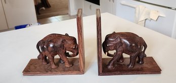 Pair Carved Wood Elephant Bookends, 20th Century