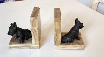 Vintage Pair Of Marble And Metal Yorkie Dog Bookends C1950s