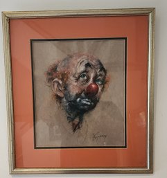 Vintage Sigend And Framed Pastel Clown Drawing