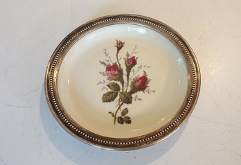 Sterling Silver Pierced Rim Small Rosenthal Moss Rose Porcelain Dish, C1950s