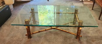 Gilt Wood Bamboo Style Large Glass Top Hollywood Regency Coffee Table, 1980s