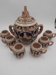 FINE Vintage GERZ GERMANY Stoneware Castle-themed Tankard & 6 Matching Mugs-NO SHIPPING