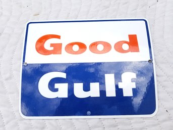 Vintage Good Gulf Heavy Steel Porcelain Coat Gas Pump Sign