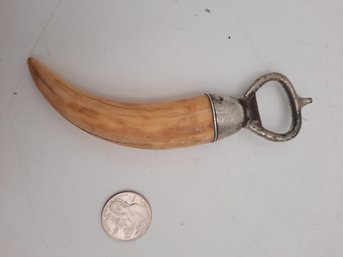 Antique STERLING SILVER Bottle Opener With Boar's Tusk Handle