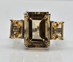 3 Stone Yellow Citrine, Rhodium Over Sterling Ring