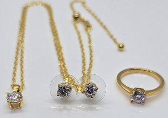 Brilliant Moissanite Earrings, Pendant Necklace & Ring In Yellow Gold Over Sterling