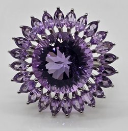 Rose De France Amethyst Sunflower Ring In Platinum Over Sterling