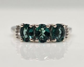 Ocean Apatite, Diamond 3 Stone Ring In Platinum Over Sterling