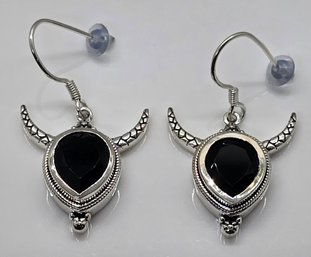 Black Spinel Bulls Head Dangle Earrings In Sterling