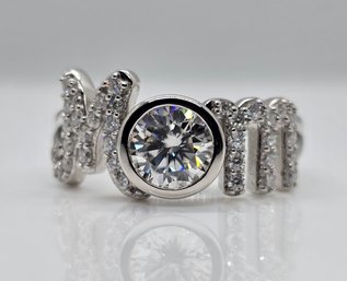 White Moissanite 'mom' Ring In Rhodium Over Sterling